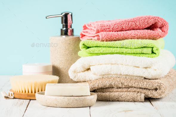 Download Bathroom Background With Ceramic Soap And Towels At The Table Stock Photo By Nadianb