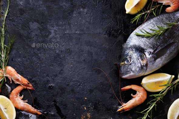 Seafood on black background - Stock Photo - Images