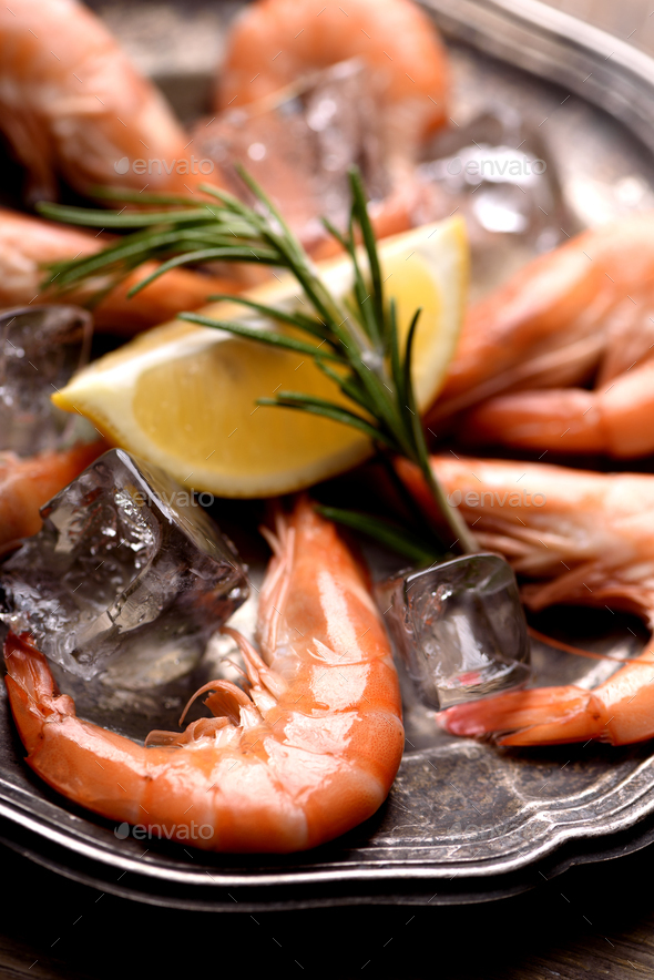 Shrimps on silver plate - Stock Photo - Images