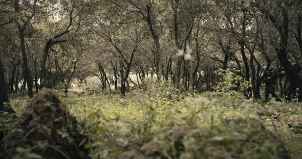 Squad of armed terrorists patrolling a forest area during combat alt