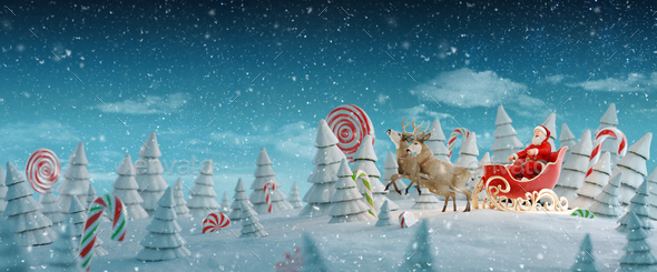 Happy Santa Claus in Christmas sleigh in a magical forest with candy canes.