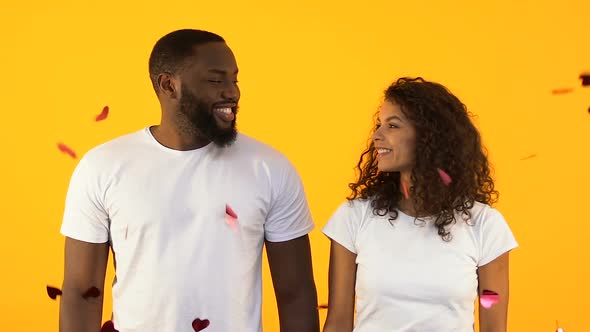 Happy African-American Couple Standing Under Heart-Shaped Confetti, Relationship alt