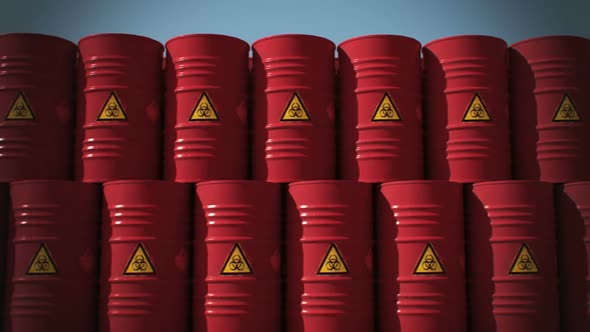 Endless animation of the red biohazard barrels two-story stack. Front view. HD alt