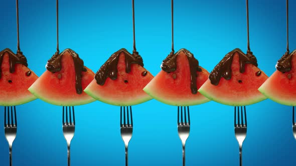 Liquid Chocolate Sauce Pouring Over Ripe Watermelon Triangular Slices on Dessert Fork. Fresh Sweet alt