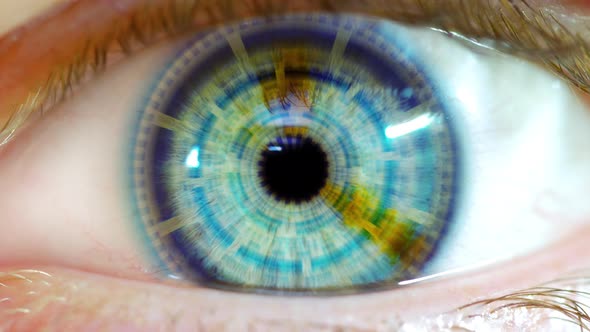 Opening Eye To Reveal Digital Hud Hologram Over Pupil Dark Blue 01