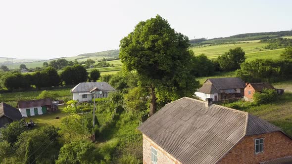 Aerial view of small village with small houses among green trees with farm fields and distant alt