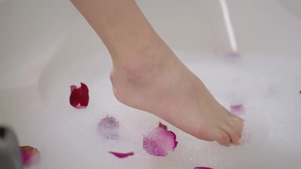 Closeup Slim Female Foot Touching Bath Foam with Rose Petals alt
