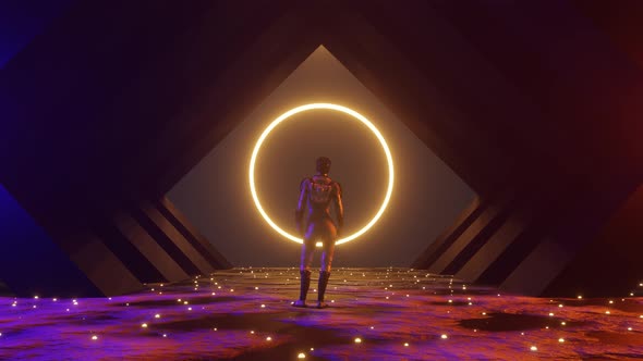 Woman standing in front of a big portal to another dimension, against a glowing universe of energy