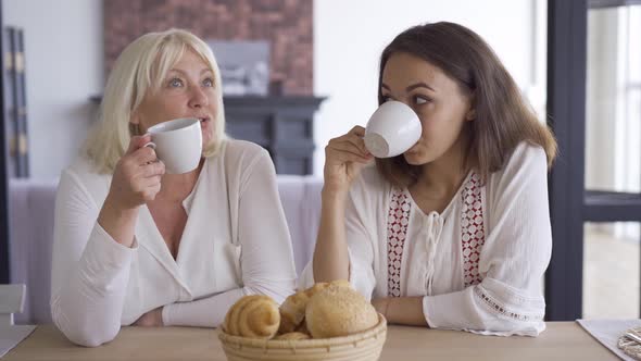 Two Women Sitting in the Kitchen Talking and Drinking Tea or Coffee alt