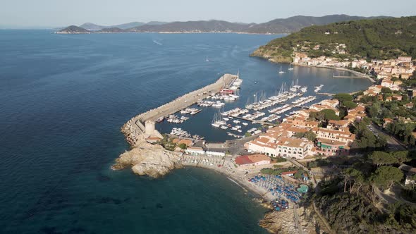 Aerial view of Marciana Marina with the harbour, Elba Island, Italy. alt