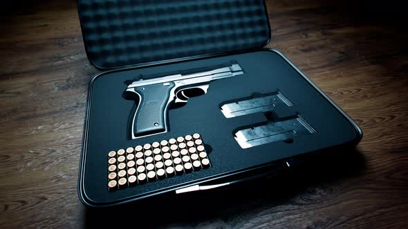 Military case with a pistol, bullets and magazines. Box with a weapon and ammo. alt