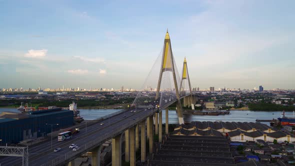 Aerial view of Bhumibol Bridge and Chao Phraya River in structure of suspension architecture