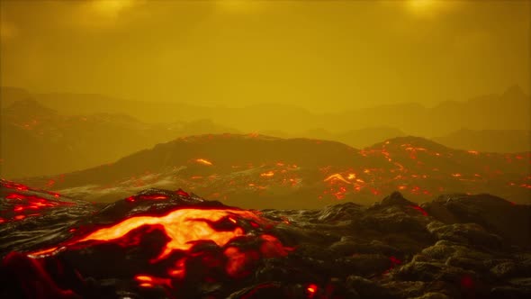 Volcanic Eruption with Fresh Hot Lava Flames and Gases Going Out From the Crater alt