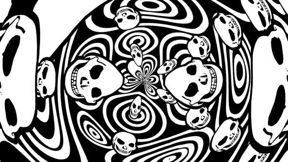Swirl of psychedelic skulls in black and white