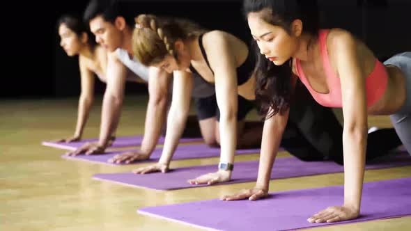 Group of Asian Women and Man Doing Pushup Exercises on Yoga Mats in Aerobics Class at Gym Club alt