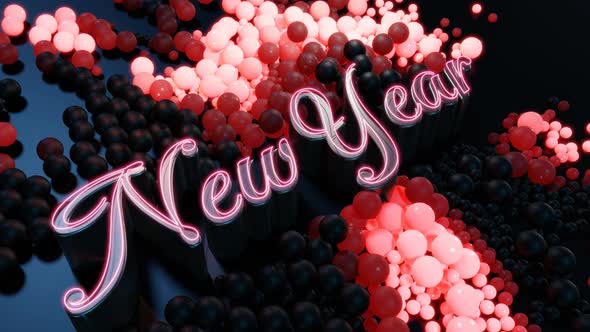 3D New Year's Looped Background with Inscription New Year and Garland Balls Scattered on Plane Light alt