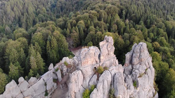 Aerial Drone Footage Flying Near Rocks of Famous Tustan Fortress alt