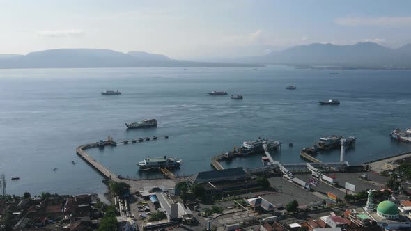 Time lapse aerial view of Port in Banyuwangi Indonesia with ferry in Bali Ocean alt