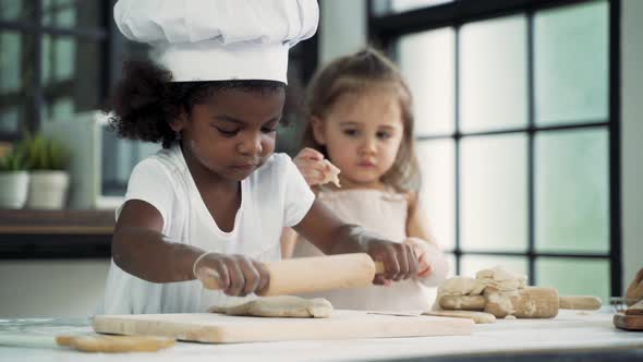 Diverse Group of Kids Prepare Dough and Bake Cookies in Kitchen While Learning in Class at School alt