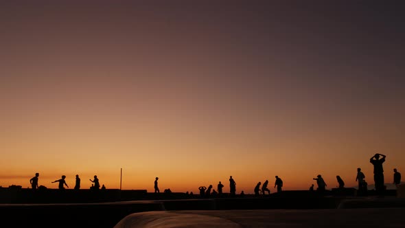 Silhouette of Young Jumping Skateboarder Riding Longboard, Summer Sunset Background. Venice Ocean alt