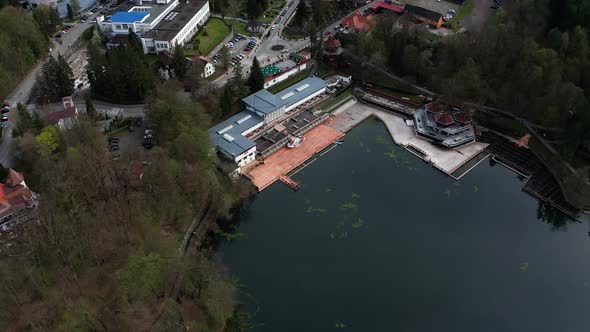 Aerial View Of Spa Resort Close On Bear Lake Close Due To COVID-19 Pandemic In Sovata, Romania alt