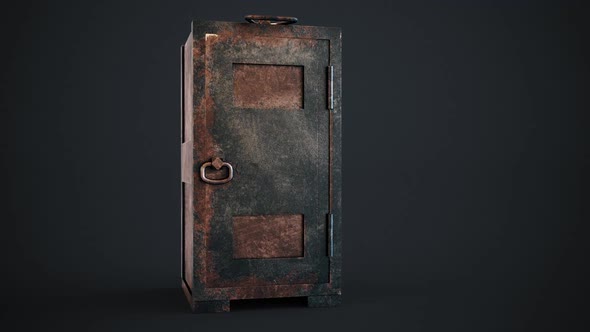 Old, rusty safe. The doors of the strongbox open showing the empty interior. alt