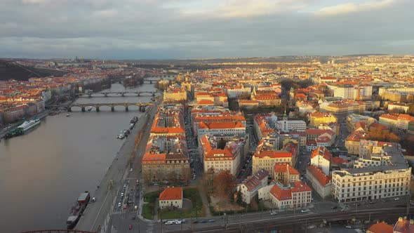 Aerial View of Podskali Area Under Vysehrad Castle at Sunset Light, View of Prague, Czech Republic