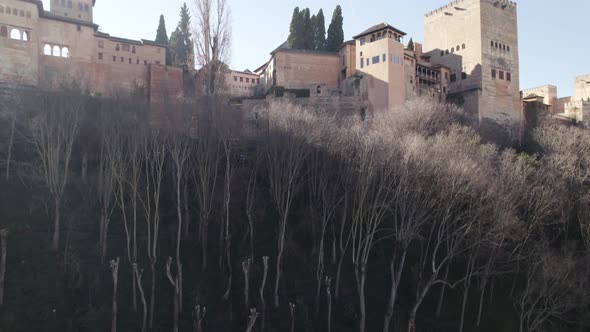 Alhambra complex, palace and walled fortress, Granada, Spain. Pedestal aerial wide view