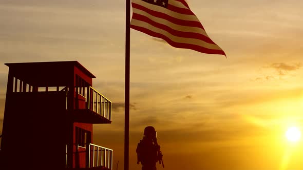 Soldier Guarding the Border Under the American Flag alt