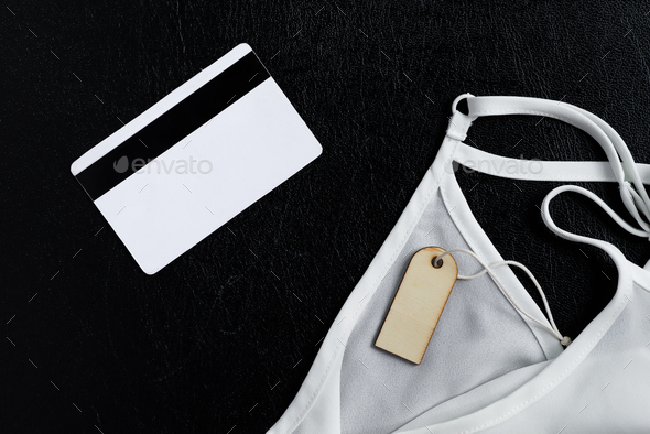 Download Simple Tag Mockup Credit Tag And White Silk Undershirt On Black Stock Photo By Lyulkamazur