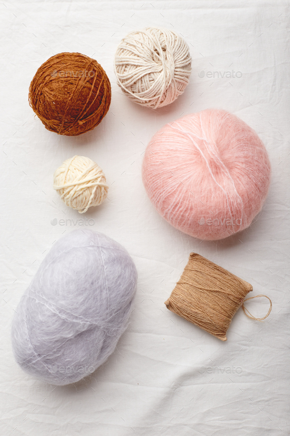 Balls of wool and mohair for knitting in pastel colors Stock Photo