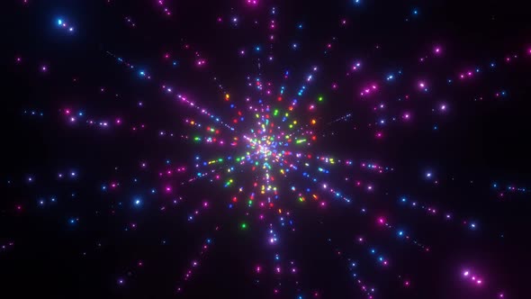 Animation of Multicolor Laser Beams or Rays and Stars Fly and Zoom of the Center on Black Background