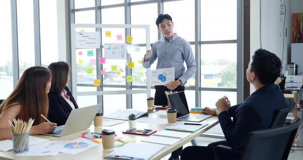 Group of business people meeting in conference room. Asian businessman speech