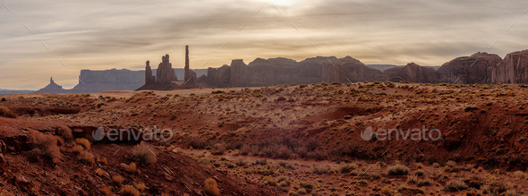 Panoramic landscape view of Monument valley, USA - Stock Photo - Images