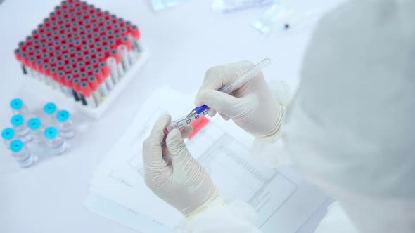 Doctor or Scientist checking sampling blood tube to make a medical diagnosis