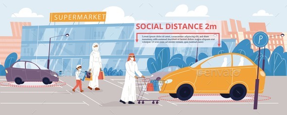 Social Distance Two Meter on Market Parking Place