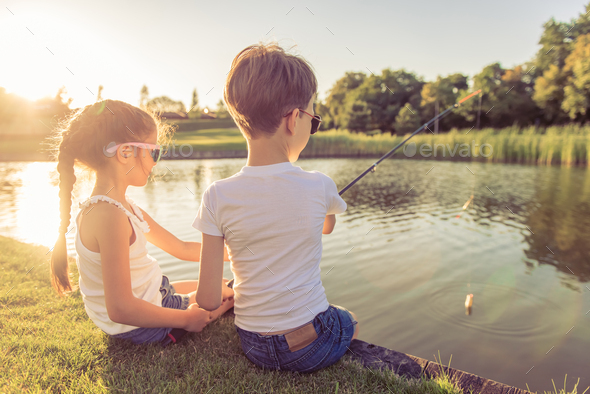 Girl with Fishing Rod Fishing in the Pond Stock Image - Image of