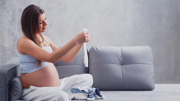 Young pregnant woman is resting at home and expecting a baby. alt