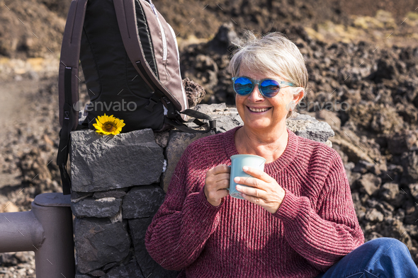 senior aged attractive third age woman smile and enjoy the outdoor vacation travel