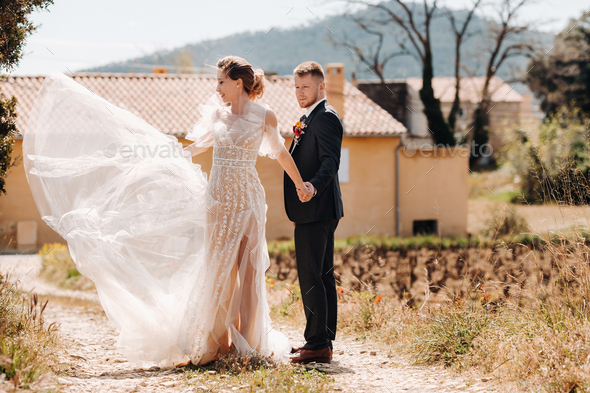 Wedding couple near a Villa in France.Wedding in Provence.Wedding photo shoot in France