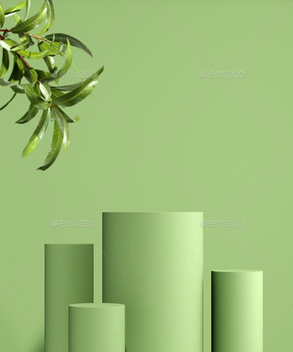 Showcase podium for natural cosmetic product. Empty scene with green leaves  on monochrome background Stock Photo by vladimirzotov