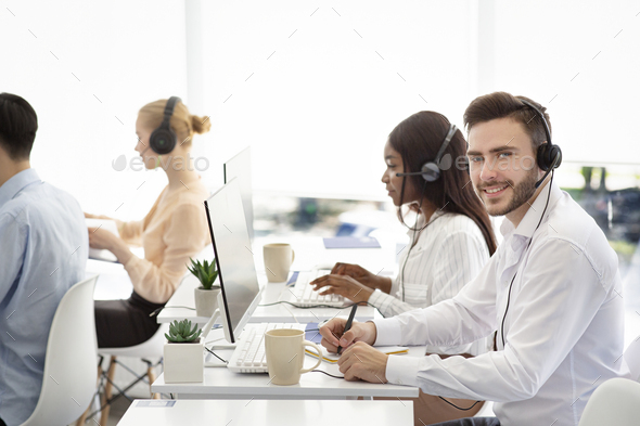 Diverse customer service operators helping clients, resolving technical issues or selling goods at