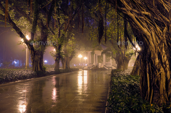 Guangzhou People\'s Park with fog at night, China