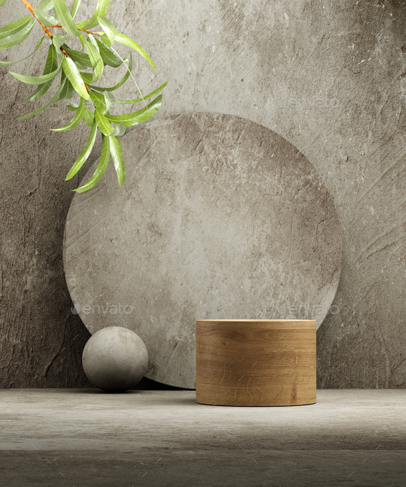 Pedestal for natural cosmetic product presentation. Stone and wood cylinders with plant leaves. 3d - Stock Photo - Images