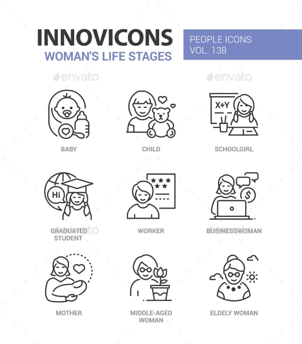 [DOWNLOAD]Life Stages of a Woman - Line Design Style Icons
