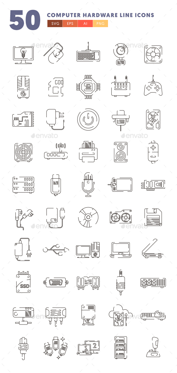 50 Computer Hardware Line Icons
