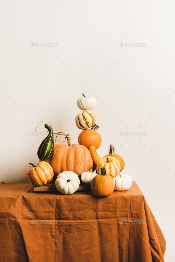 Pumpkins for Halloween or Thanksgiving Day Autumn holiday decoration. Colorful pumpkins of different shapes and size in pyramid composition on table, white wall at background. Seasonal Fall food
