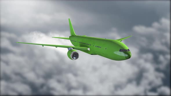 Green plane flying in gray clouds alt