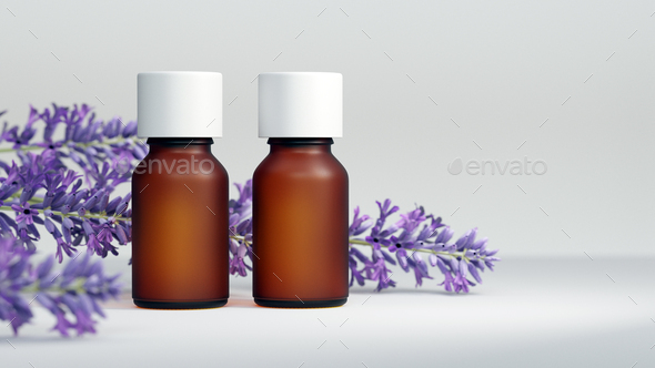 Download Essential Oil Bottle Mock Up With Lavender Flower White Background Body Care And Aromatherapy Stock Photo By Vladimirzotov