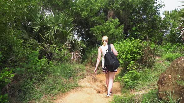 tourist girl is walking along the trail in the rainforest. alt